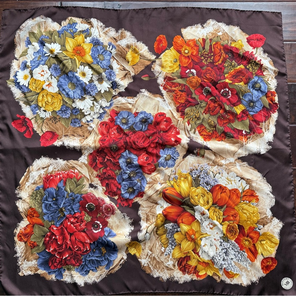 Vintage Mantero Collection VIII Silk Scarf florals on chocolate Brown - Picture 5 of 9